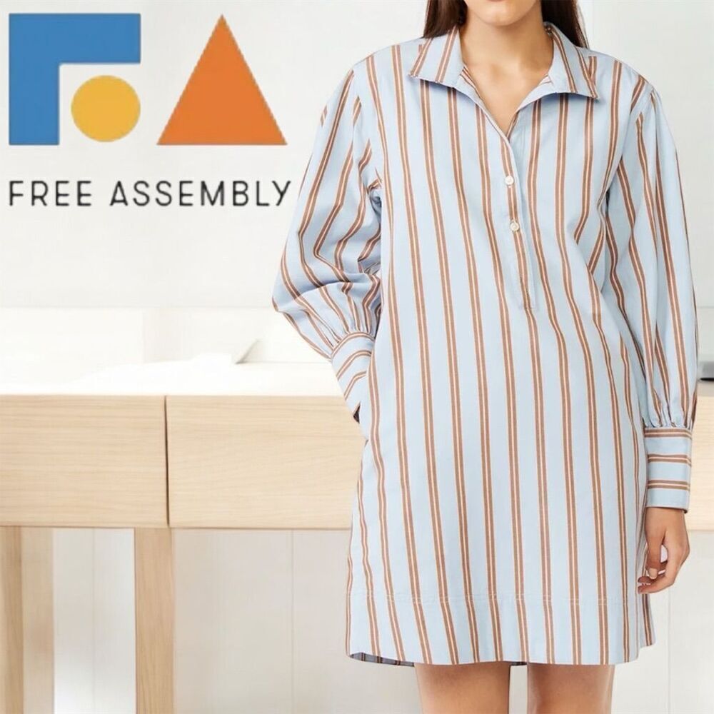 Free Assembly Light Blue & Brown Stripe Shirt Mini Dress